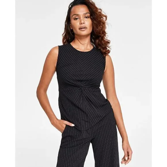 DKNY Pinstripe Sleeveless Twist-Front Business Top SIZE L MSRP $69 NEW WITH TAGS - Picture 5 of 12